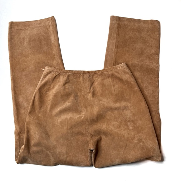 Tan Camel Genuine Suede Leather Straight Leg Pants 4 - Picture 5 of 7